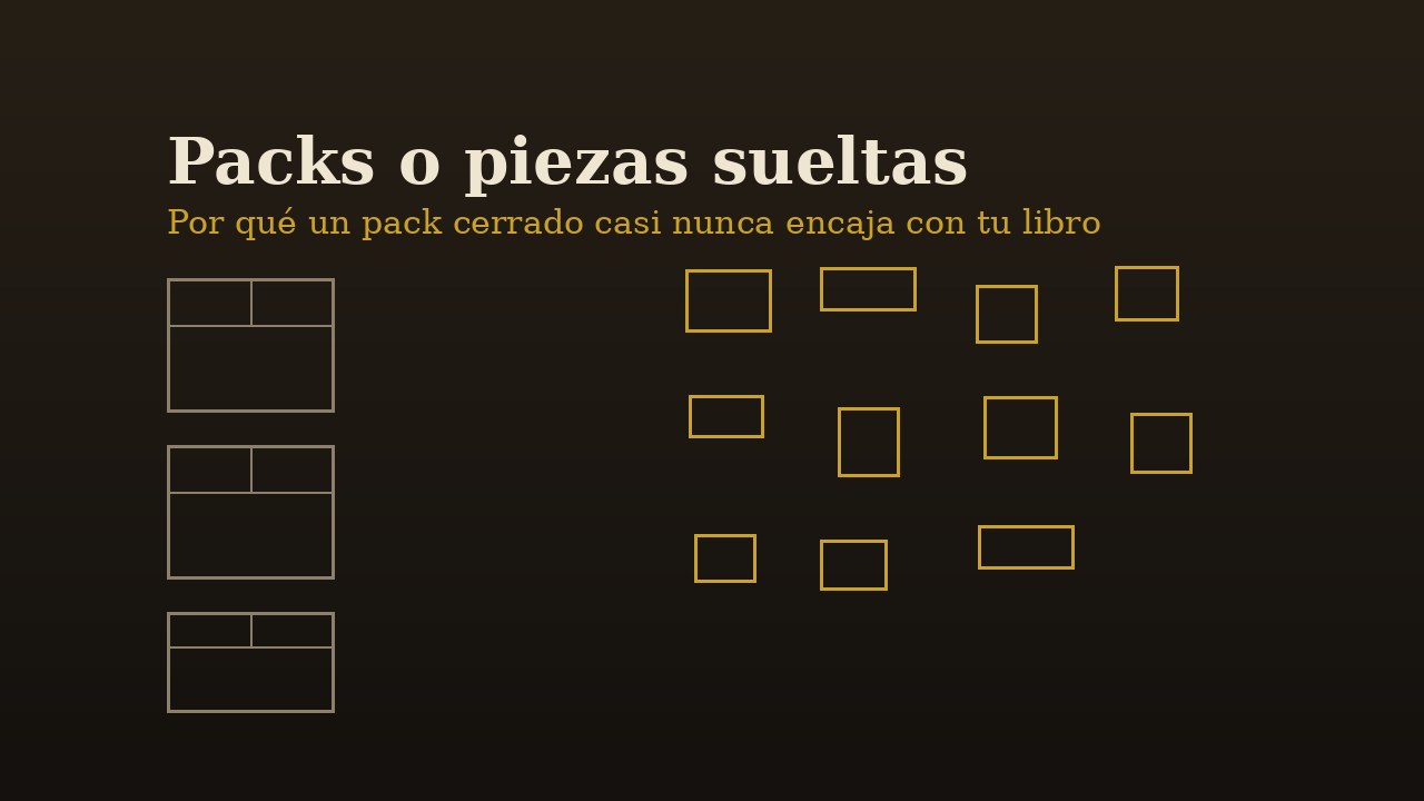 Tres cajas de cartón cerradas junto a un montón de piezas sueltas sobre una mesa de trabajo